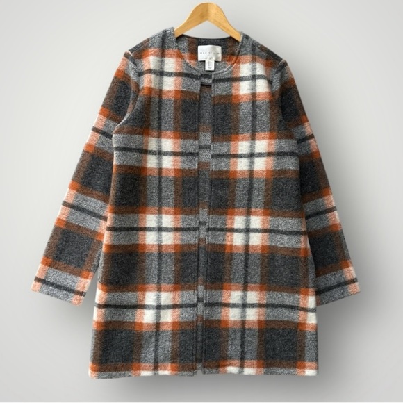 Plaid Women's Sweater Coat - Gray and Orange - Picture 1 of 9